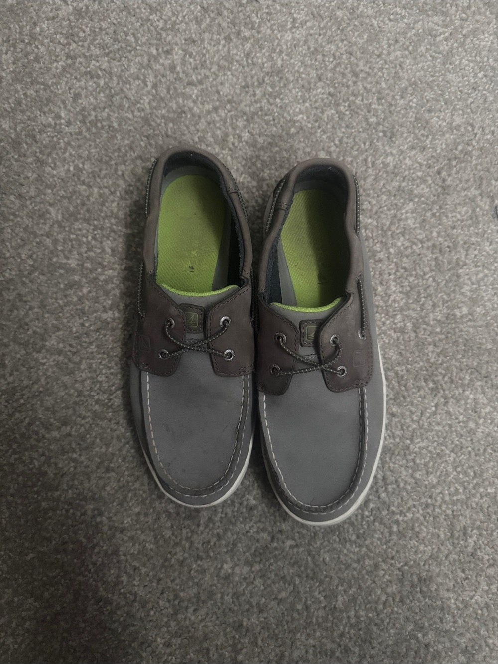 Sperry Gray and Brown Boys Boat Shoes with Lime Green Insole